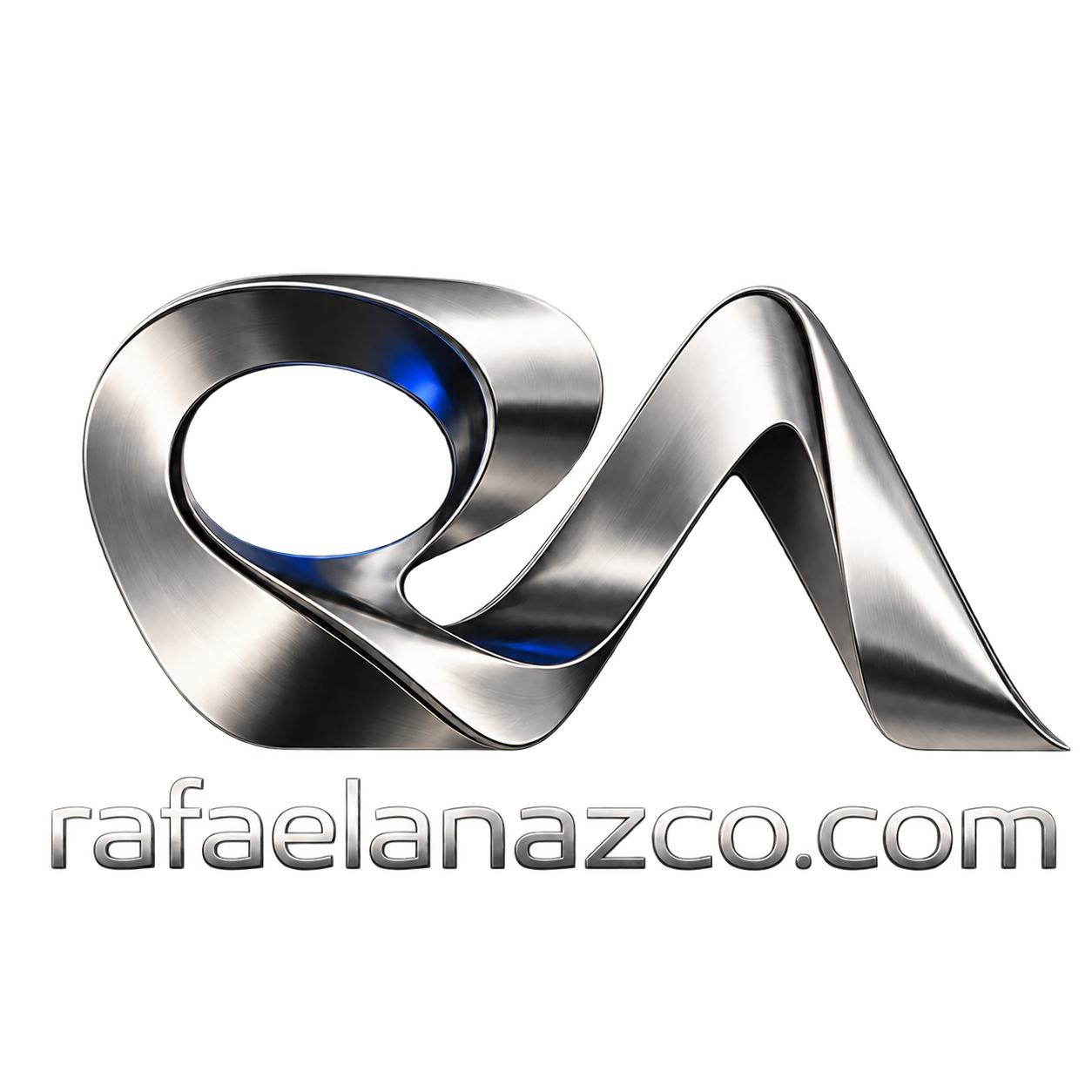 Rafael Anazco sculptural silver chrome logo with blue reflections